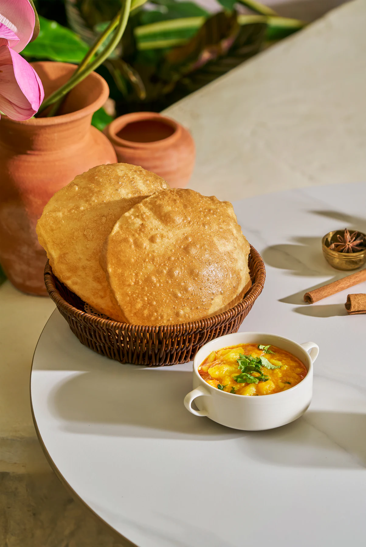 Puffed bread with curry