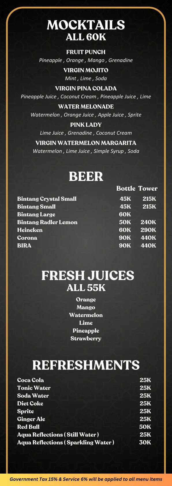 Bollywood Indian Club Bali — Mocktails / Beer / Fresh Juices / Refreshments